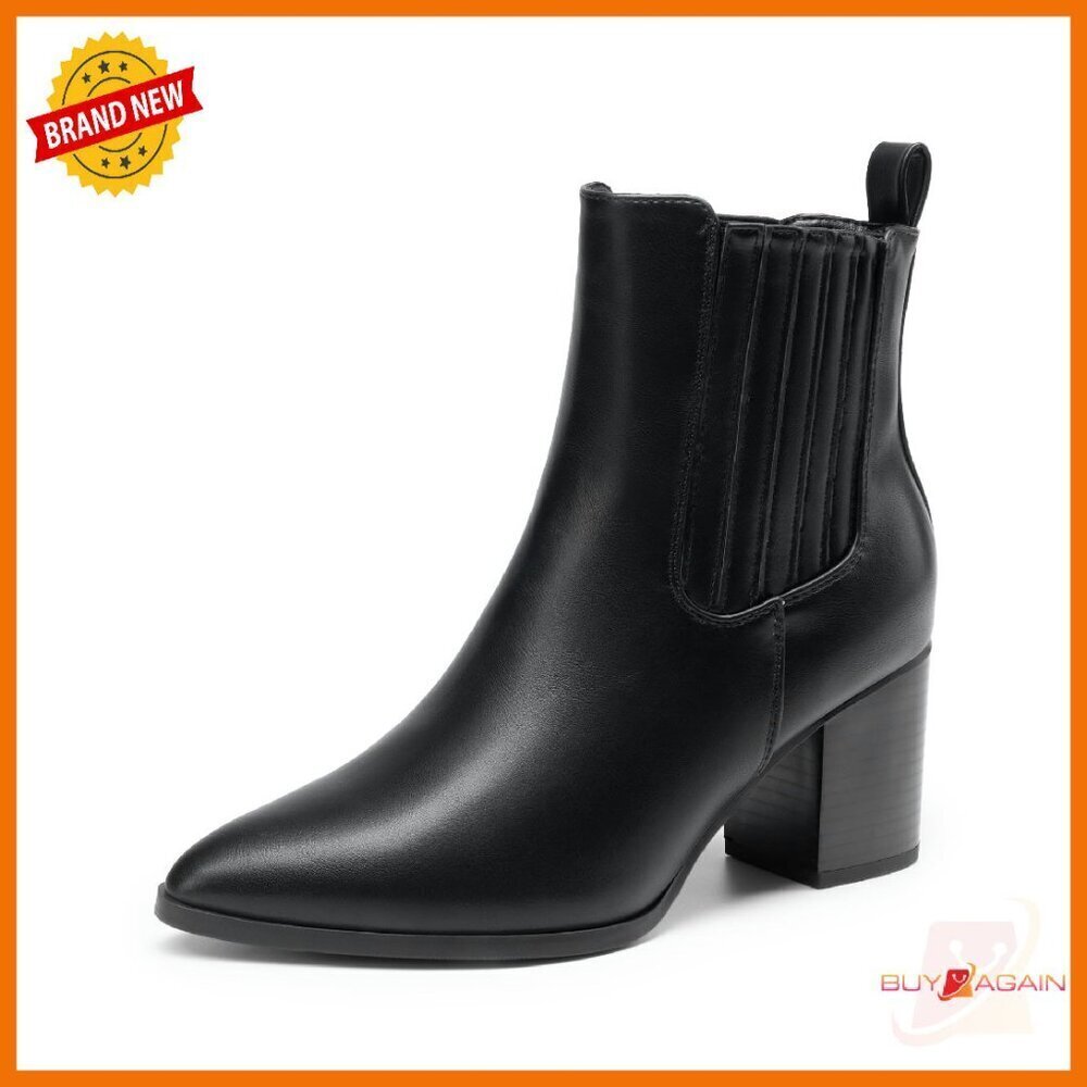 Women's Ankle Boots Pointed Toe Chunky Block Heel Slip On Booties